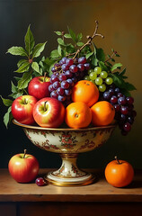 Ornate Still Life Painting of a Bowl with Apples, Grapes, and Citrus Fruits