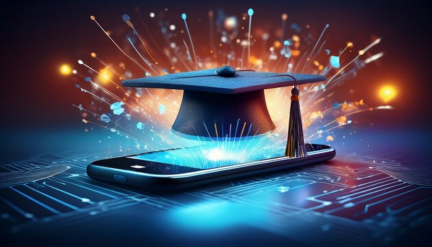 this image illustrates a transformative educational experience merging technology and learning represented by a graduation cap emerging from a smartphone