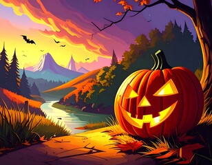 Autumnal Halloween scene with pumpkin