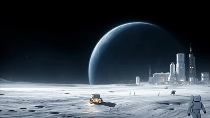 Scientific team explores desolate lunar environment, advanced rover navigating rocky terrain beneath massive planetary backdrop. Research station illuminated against dark extraterrestrial landscape - Powered by Adobe