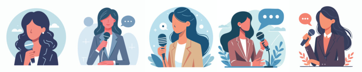 Modern Female Reporter Vector Illustration Set with Microphone