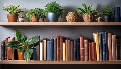 bookshelf with books and plants