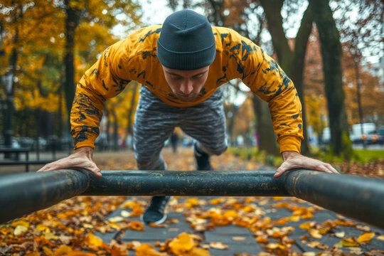 Young man performs push-ups on parallel bars in a park filled with orange and yellow leaves on a cool autumn day