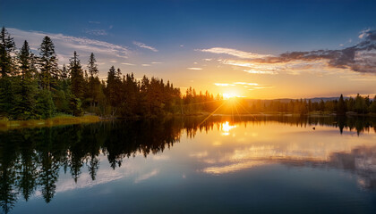 Fototapeta premium Sunset Over The Serene Lake Surrounded By Trees Reflecting In The Calm Water