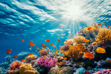 Fototapeta premium Vibrant coral reef glows with sunlight as schools of colorful fish swim among the corals in a lively underwater environment