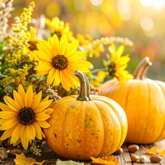 Autumnal pumpkins and flowers