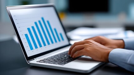 A person's hands typing on a laptop displaying a graph or chart with financial and business analytics data.