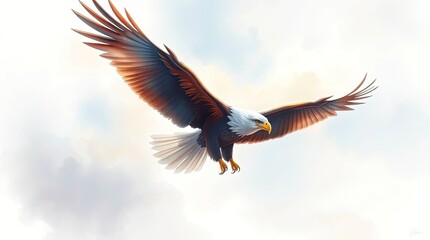 Fototapeta premium A dreamlike, surreal watercolor painting of an eagle in majestic flight, using soft pastel colors and gentle, soft light.