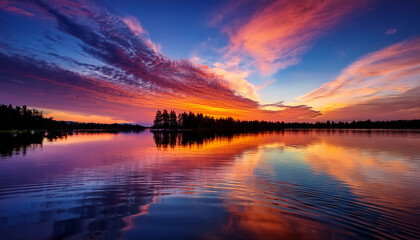 Fototapeta premium Sunset Lake Reflecting Colorful Sky With Serene Water Surface Distortions