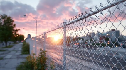 Obraz premium Dramatic Sunset Behind Urban Chain Link Fence with Pink Clouds Cityscape and Gleaming Sunlight and Green Foliage on Sidewalk