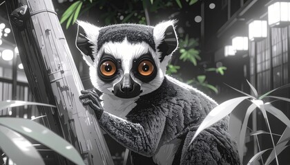 Fototapeta premium A ring-tailed lemur clings to a stylized bamboo branch within a monochrome scenery.