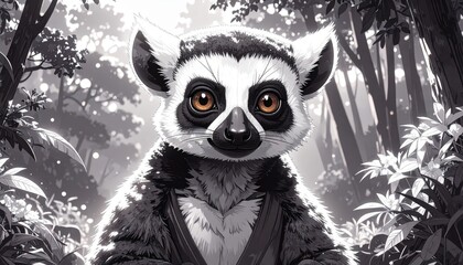 Fototapeta premium A ring-tailed lemur stares ahead in a black and white forest scene, creating a