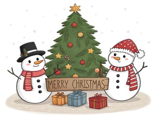 Fototapeta premium Two cheerful snowmen stand beside a decorated christmas tree with gifts below