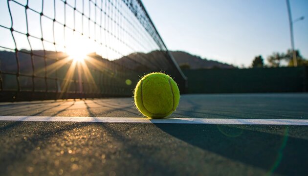 Tennis Ball on Court with Sunlight Through Net at Golden Hour