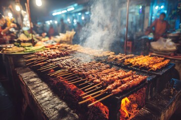 Grilled Meat Skewers Sizzling Over Open Flame at a Busy Night Street Food Market with Smoky Atmosphere