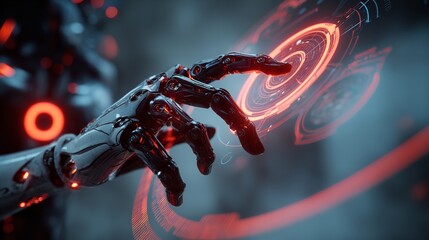 Black humanoid robot interacting with glowing purple geometric shapes in a futuristic environment. Advanced AI and digital art concept.