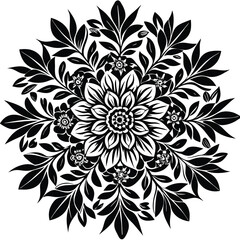 Elegant black and white vector floral pattern with intricate botanical elements and decorative flourishes