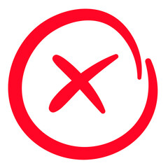 Obraz premium Red hand drawn circle with X mark, doodle sketch style cancel or error warning symbol for alerts, app UI and digital projects, PNG with transparent background
