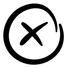 Black hand drawn circle with X mark, sketch style cancel or reject error symbol for UI alerts, communication design, apps and web, PNG with transparent background