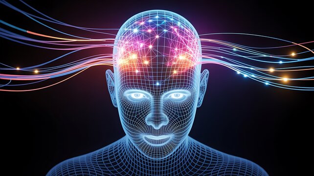 Digital Brain with Glowing Neural Network and Data Streams