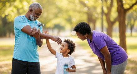 A joyful multigenerational African American family, with a grandfather, daughter, and grandson, bonding while exercising outdoors in a sunny park
