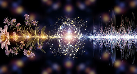 Dynamic fusion of nature and technology cosmic visualization digital artwork abstract environment