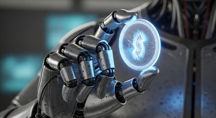 Robot Hand Holding Digital Currency Symbol in Futuristic Technology Setting