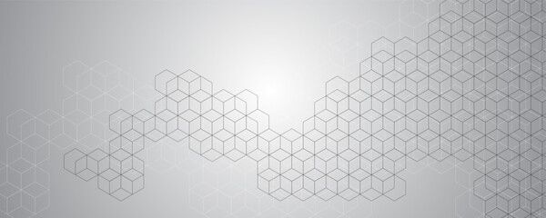 Hexagon abstract banner. Abstract geometric cube line pattern on gray background. Futuristic cube and hexagon line pattern background