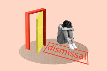 Composite image montage trend 3D collage of open door dismissal young lady sit down cover face...