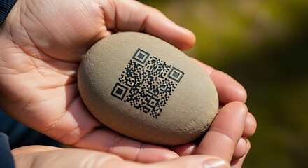 Scanning qr codes on unique stones outdoor setting photography natural environment close-up view innovative technology