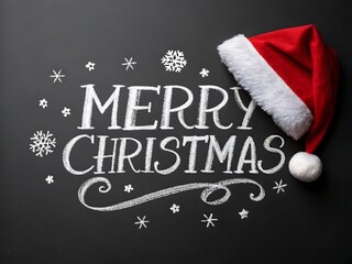 Merry christmas handwritten text with santa hat and snowflakes on a dark chalkboard background