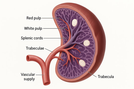 Anatomical illustration of the spleen cross-section showing red pulp, white pulp, splenic cords, trabeculae, and vascular supply.