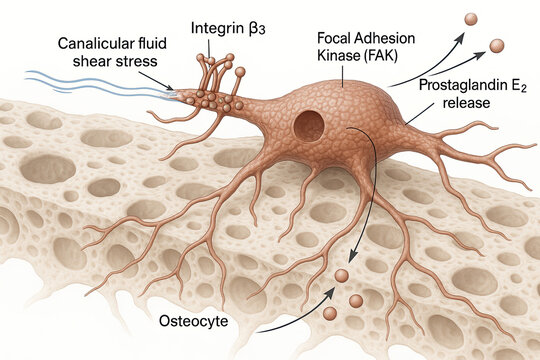 Illustration of an osteocyte cell within bone tissue, detailing its interaction with canalicular fluid shear stress, integrin beta3, and focal adhesion kinase (FAK), leading to prostaglandin E2 releas