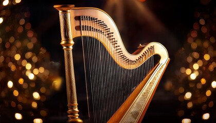 a golden toned harp is illuminated showcasing its strings and intricate details beautifully