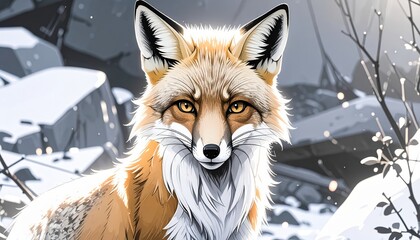 Obraz premium Close-up portrait of a fox with golden eyes in a snowy winter scene illustration.