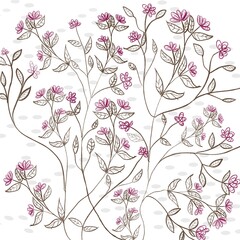 Floral Pattern with Pink Blossoms and Brown Botanical Line Art