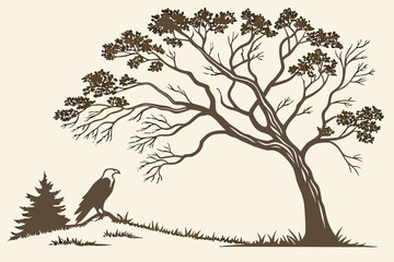 Bald Eagle on Branch Vector Illustration with Nest - Green Duotone Raptor Graphic