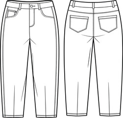 Technical fashion sketch of tapered pants with waistband, fly front, patch pockets, and shaping darts for apparel construction design use