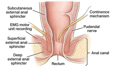 Obraz premium Anatomical illustration of the rectum and anal canal, detailing the external anal sphincters, pudendal nerve, and continence mechanism.