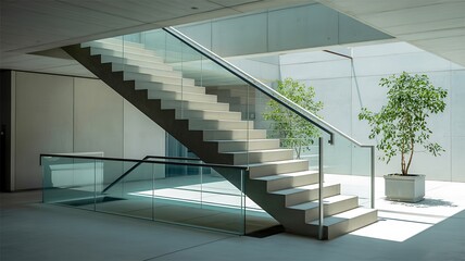 Modern Staircase with Glass Railings and Potted Trees