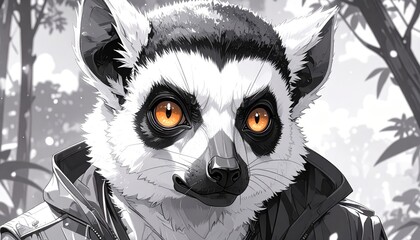 Fototapeta premium Stylized lemur illustration in monochrome with striking orange eyes and jacket detail.