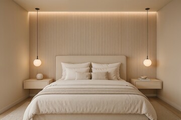 Elegant Bedroom with Neutral Tones and Wood Accents