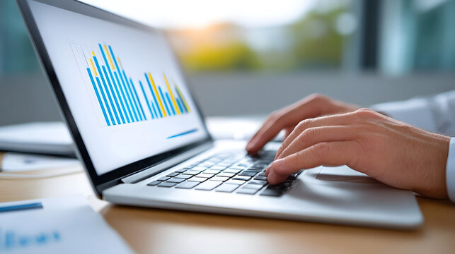A person using a laptop to view statistical graphs and charts, likely analyzing business or financial data for strategic decision-making.
