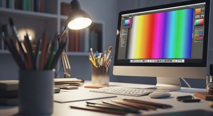 Creative designer workspace with computer and drawing tools on the table