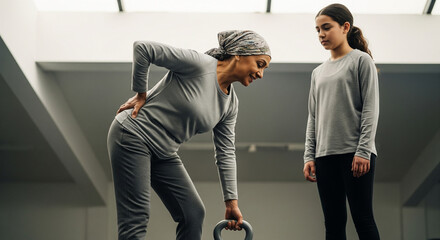 Senior woman with a headscarf grimacing from sudden back pain during a rehabilitation workout, with her young granddaughter offering support