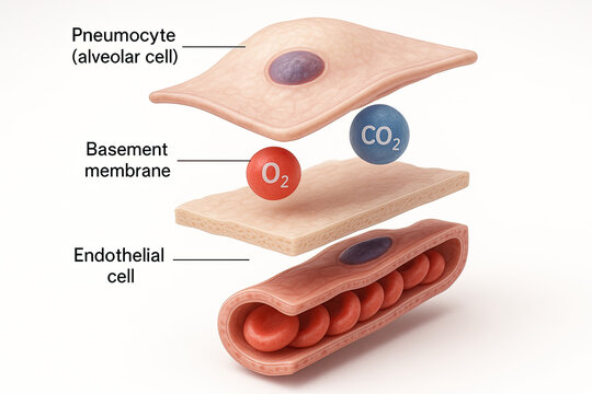 Detailed illustration of the alveolar-capillary membrane, showing gas exchange between alveoli and blood capillaries.