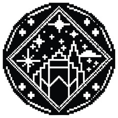 Retro pixel art graphic design elements with black and white color palette and geometric shapes