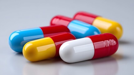 A close-up view of an assortment of colorful pills and capsules, representing a variety of phar eutical medications and healthcare products.