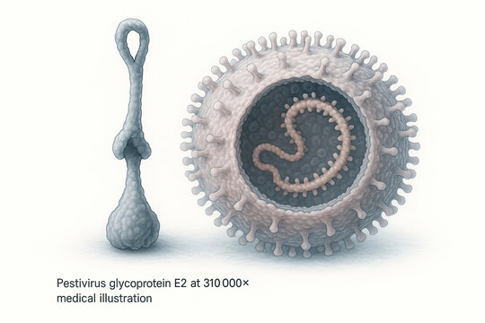 Close-up scientific illustration of a Pestivirus glycoprotein E2, showing its detailed structure and magnified view of a virus particle's cross-section with its RNA genome.