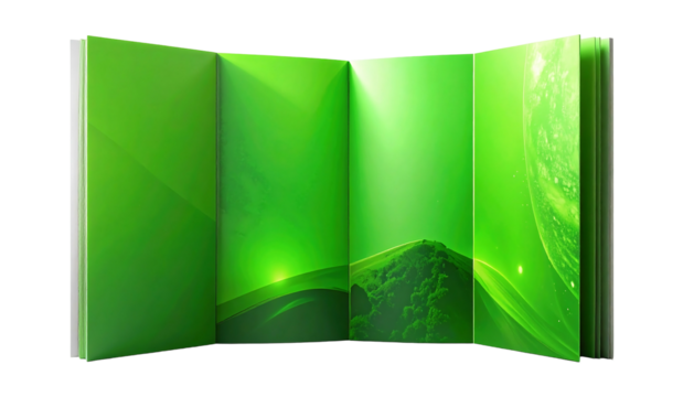 Open Green Book with Abstract Design on White Background.